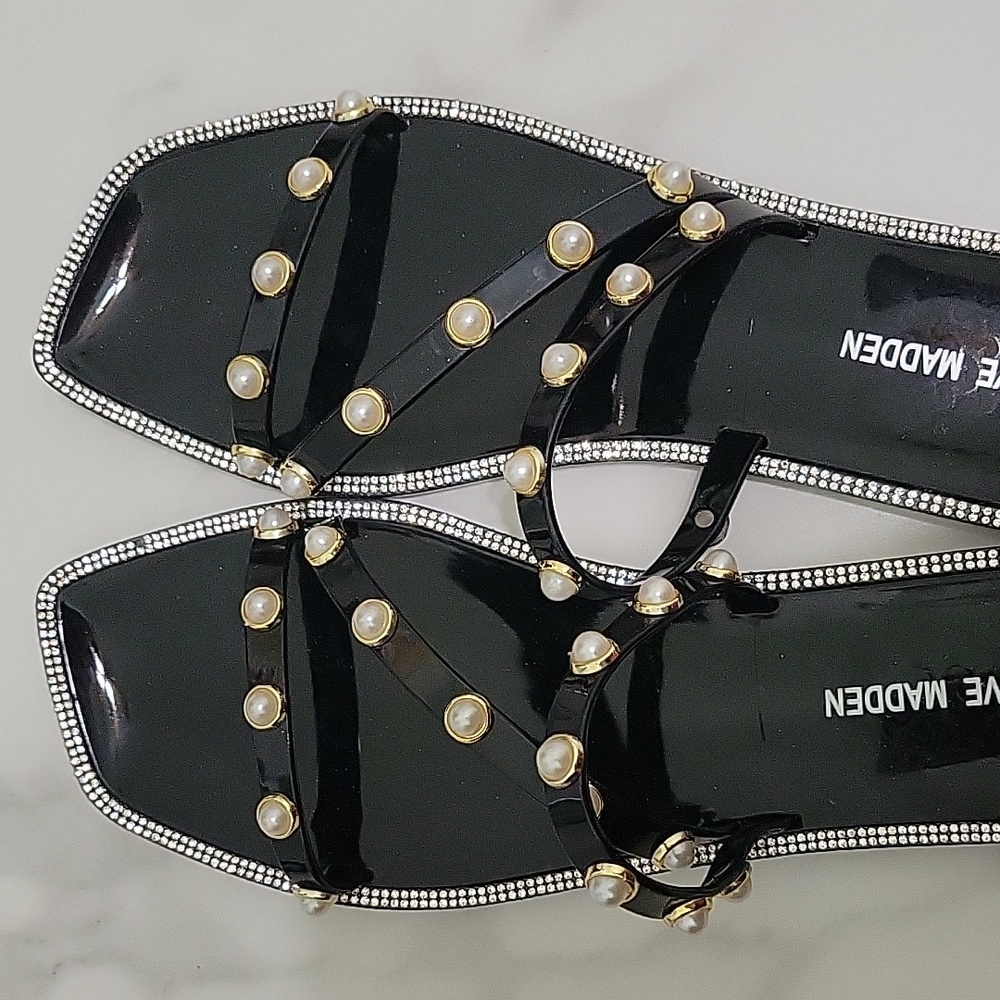 Steve Madden Yalsa Jelly Sandals Black Pearl Embellishment Size 10 New